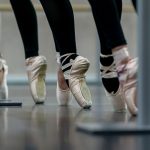 a group of ballet shoes lined up in a row